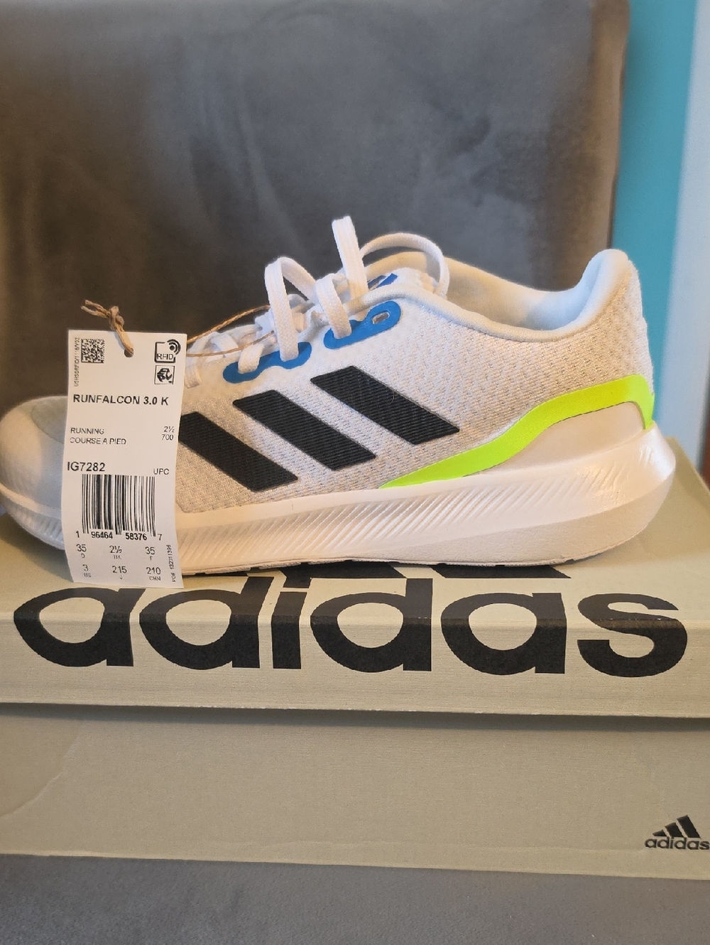 BRAND NEW adidas White Kids Sneakers with Black Stripes and Neon Accent